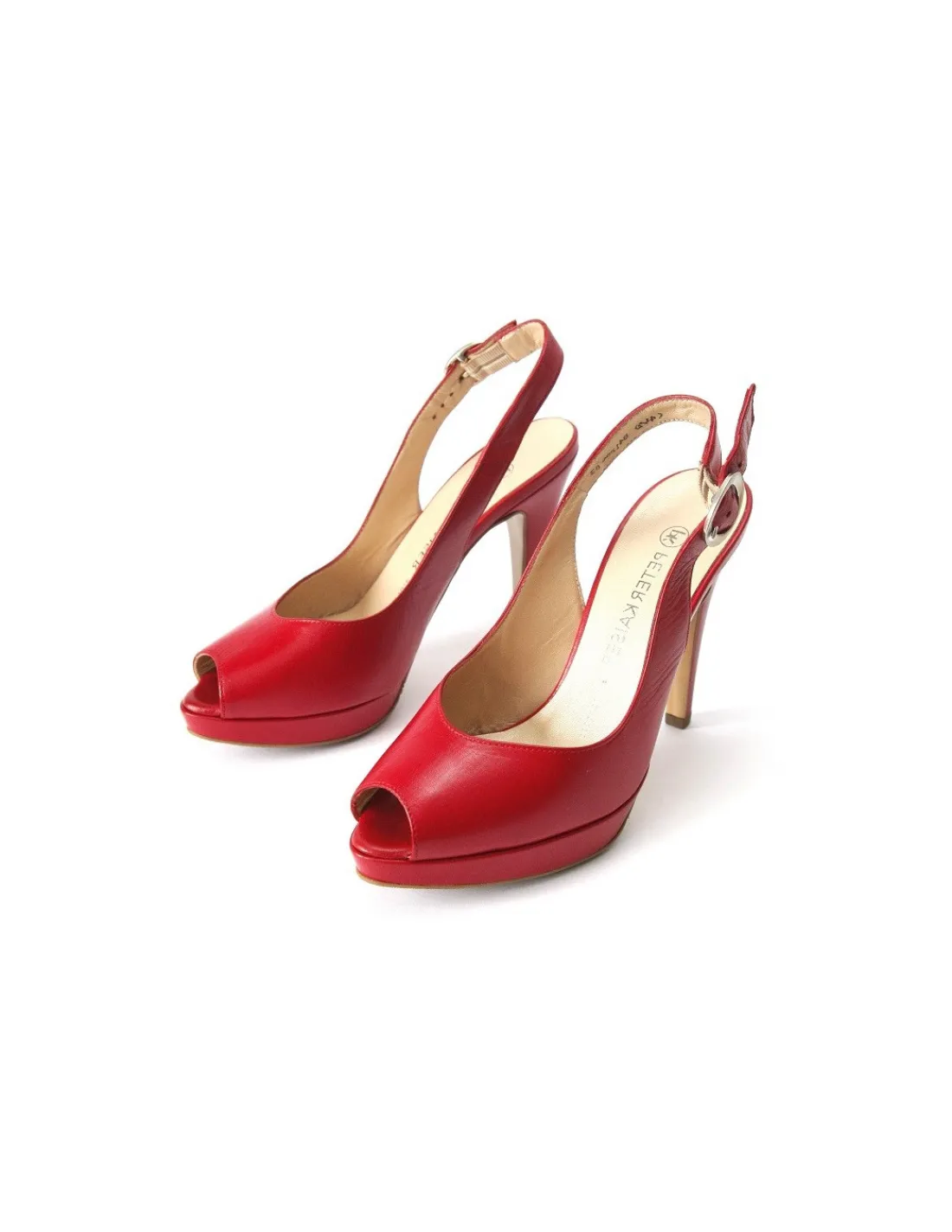 Damskie Peter Kaiser sandaly, czerwone skorzane open toe na wysokich obcasach i platformie