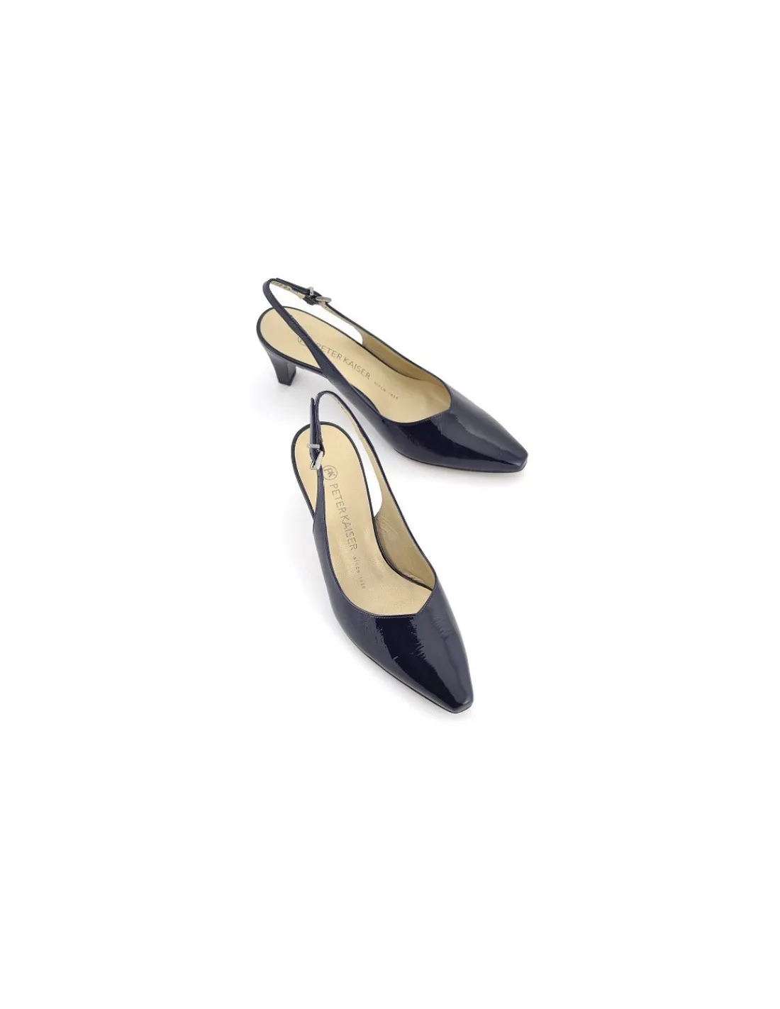 Damskie Peter Kaiser czolenka slingback bez piet granatowe z miekkiej skory lakierowanej na stabilnych wygodnych obcasach