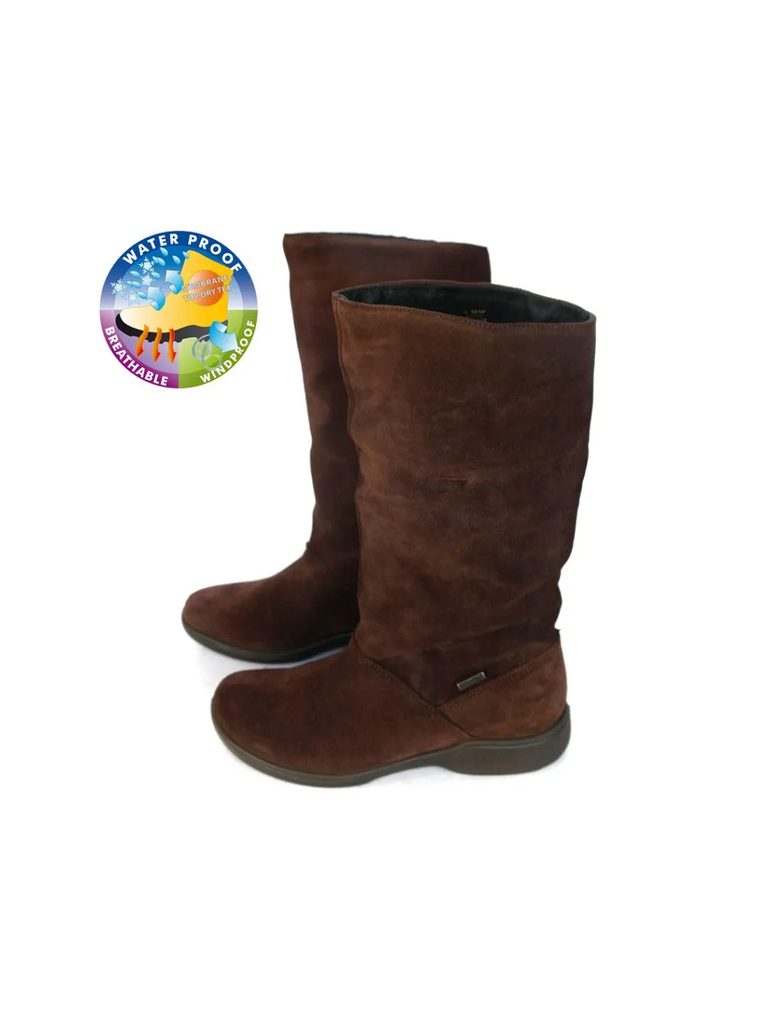 Damskie Romika kozaki wsuwane z naturalnej brazowej skory zamszowej i membrana Top-Dry-Tex