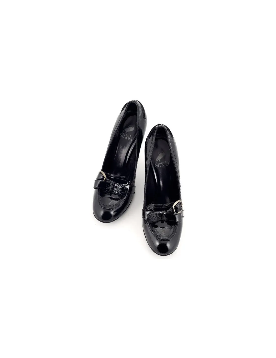 sinela_czolenka_jak_mokas_2.webp Damskie Sinela czolenka jak mokasyny na stabilnych obcasach w calosci z lakierowanej czarnej skory 2 gat.