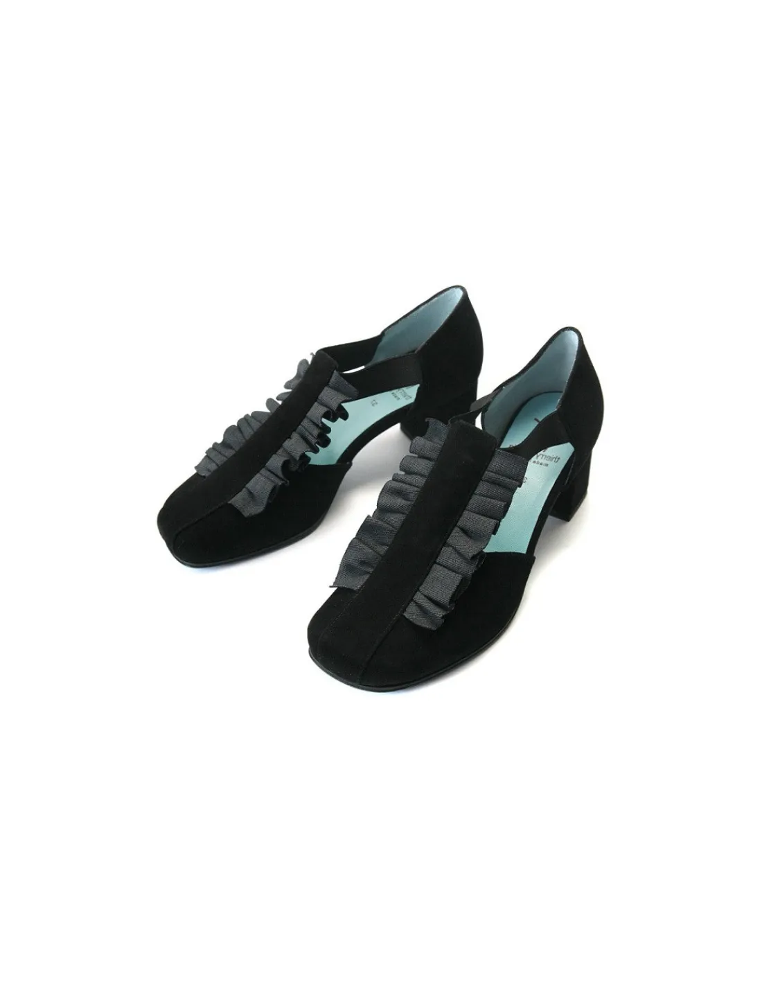 Damskie Thierry Rabotin czolenka na klocku z czarnego zamszu ze skorzana szara falbanka