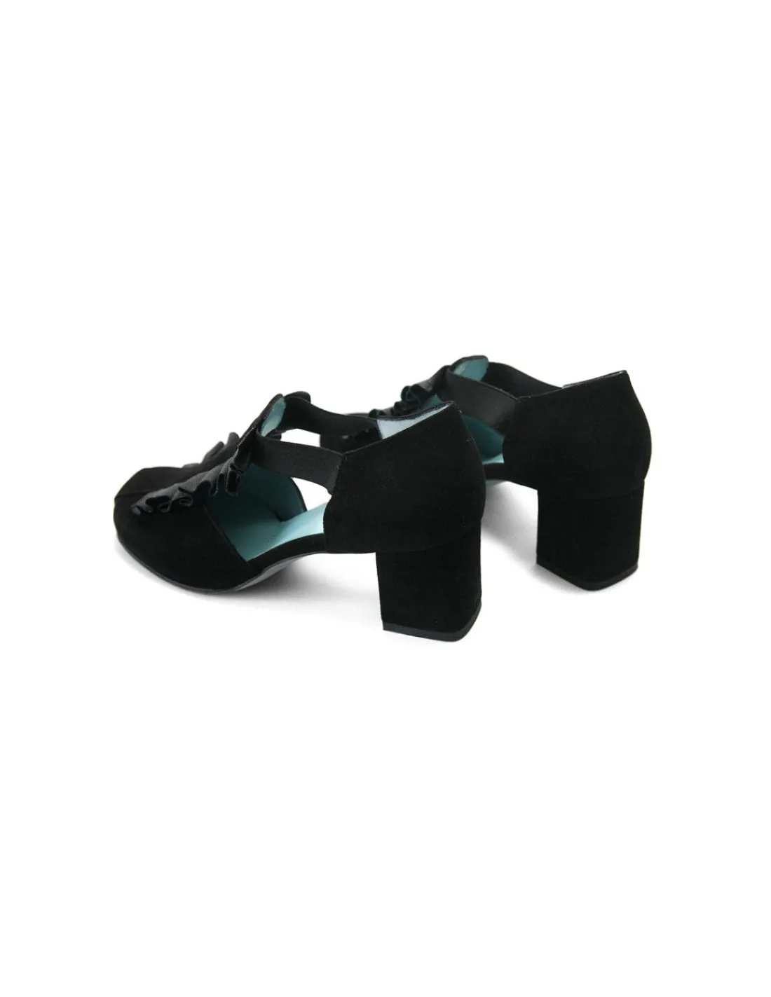 Damskie Thierry Rabotin czolenka na klocku z czarnego zamszu ze skorzana szara falbanka