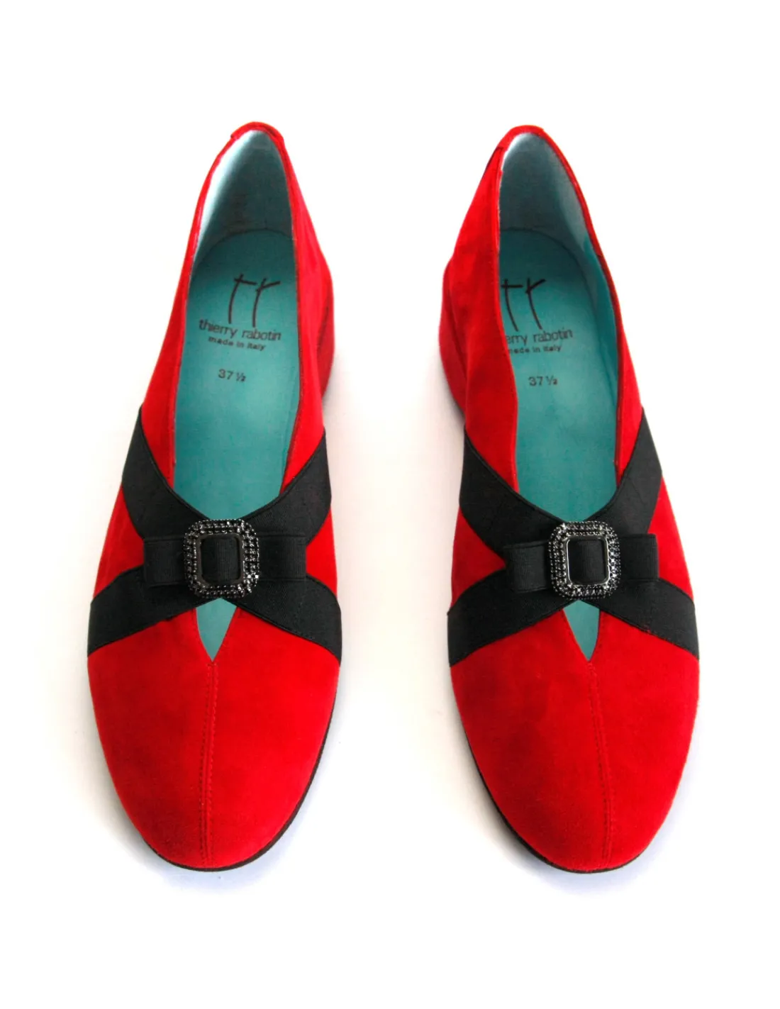 Damskie Thierry Rabotin czolenka z czarnymi gumami i ozdoba Swarovski na koturnie, czerwona skora nubuk