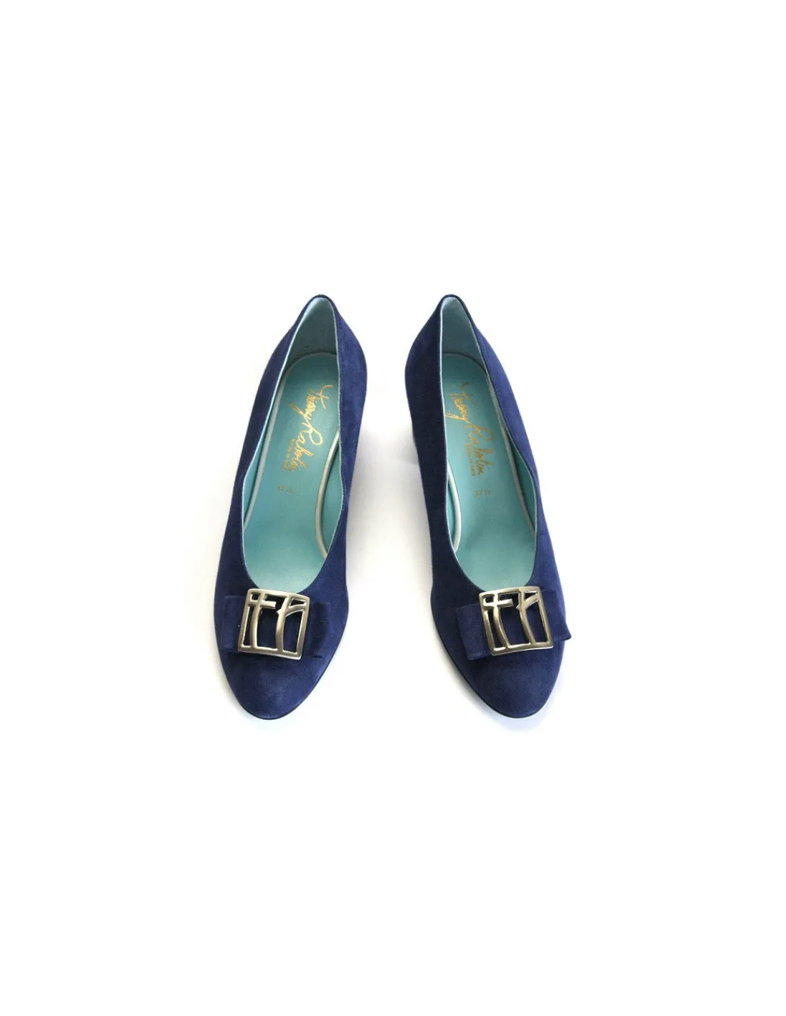 Damskie Thierry Rabotin kobaltowe zamszowe czolenka na niskich obcasach z ozdobnym logo marki