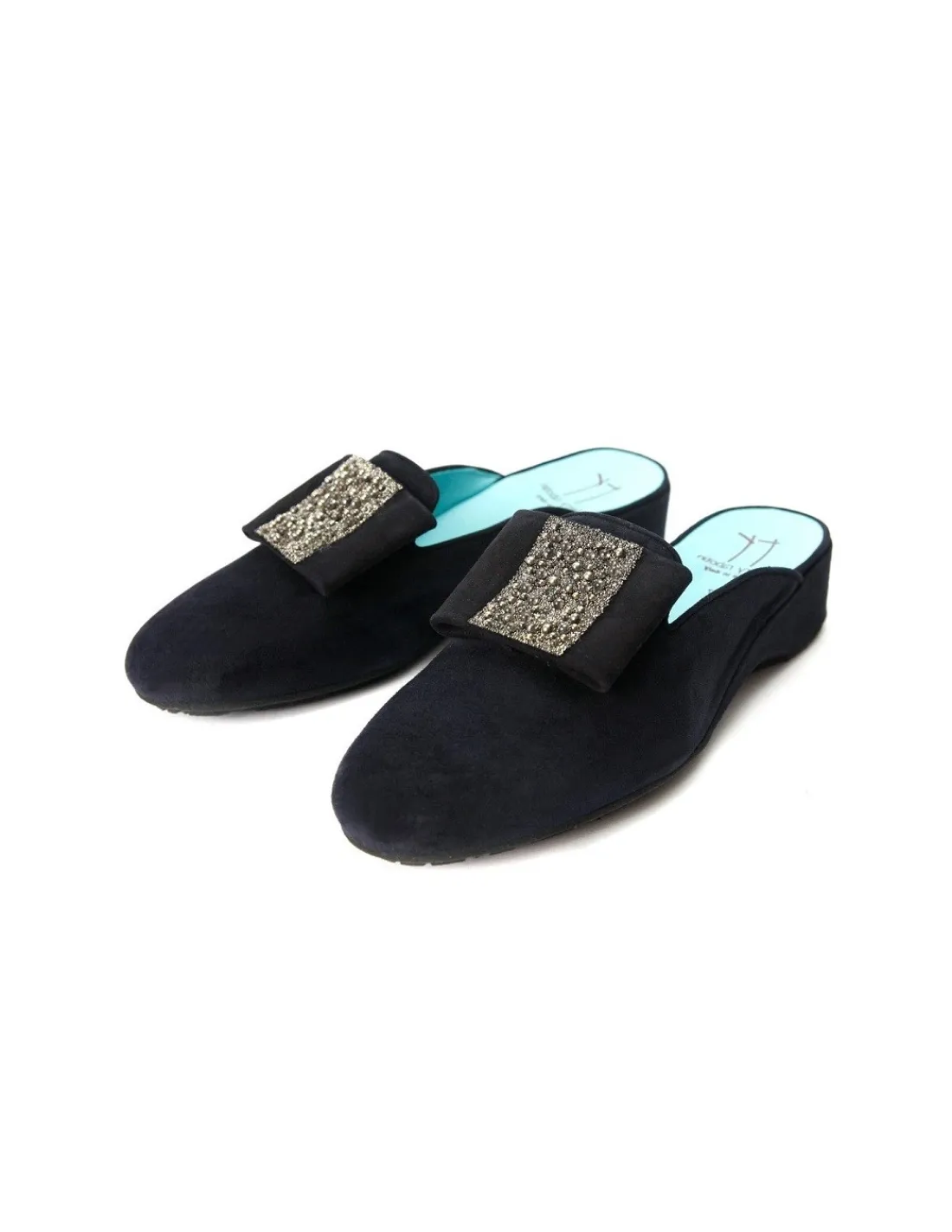 Damskie Thierry Rabotin mules, wsuwane klapki z plaska kokarda i krysztalow Swarovski, granatowy zamsz, piekne