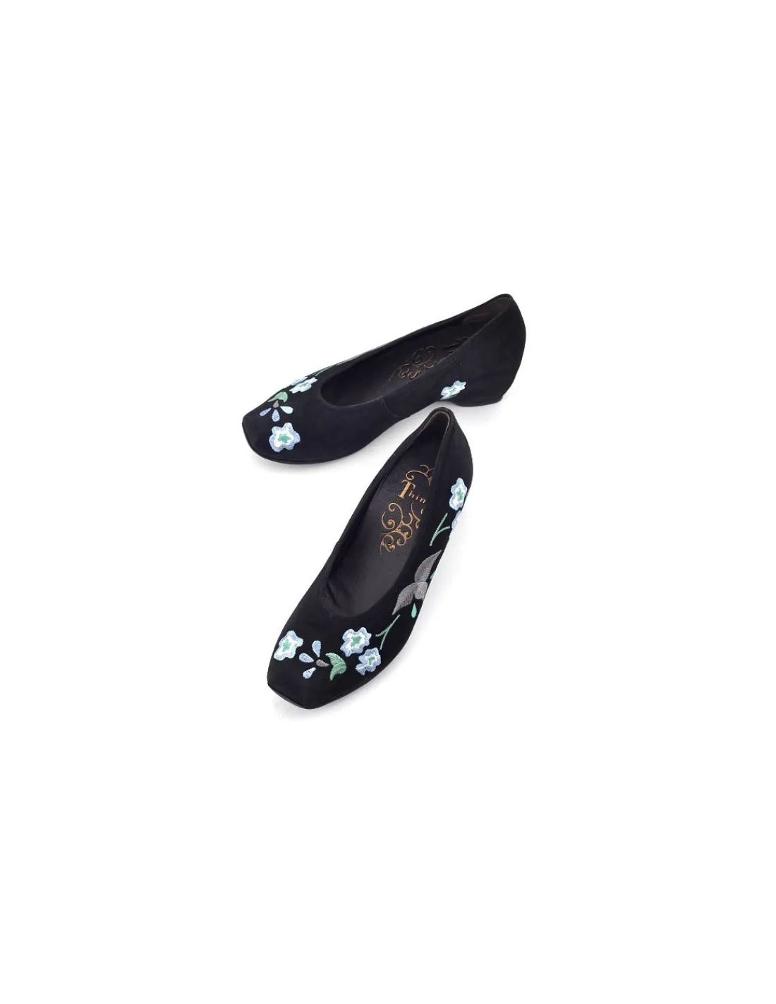 think__czolenka_czarny_ha_3.webp Damskie Think! czolenka, czarny haftowany zamsz z kwiatowym design i profilowane komfortowe wnetrze