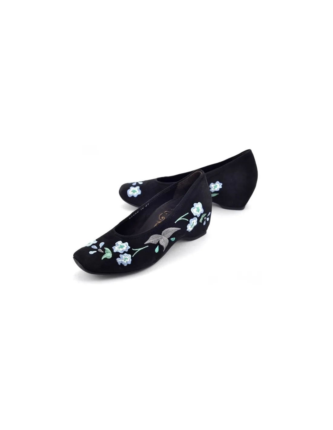 think__czolenka_czarny_ha_4.webp Damskie Think! czolenka, czarny haftowany zamsz z kwiatowym design i profilowane komfortowe wnetrze