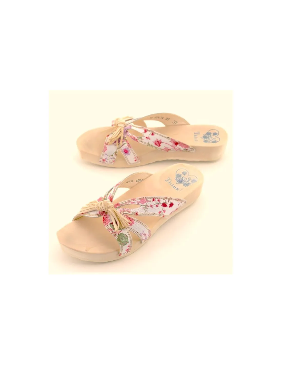 Damskie Think! sandaly, wakacyjne klapki skorzane ecru w kwiatuszki, profilowane zelowki z drewna w polaczeniu z kauczukiem