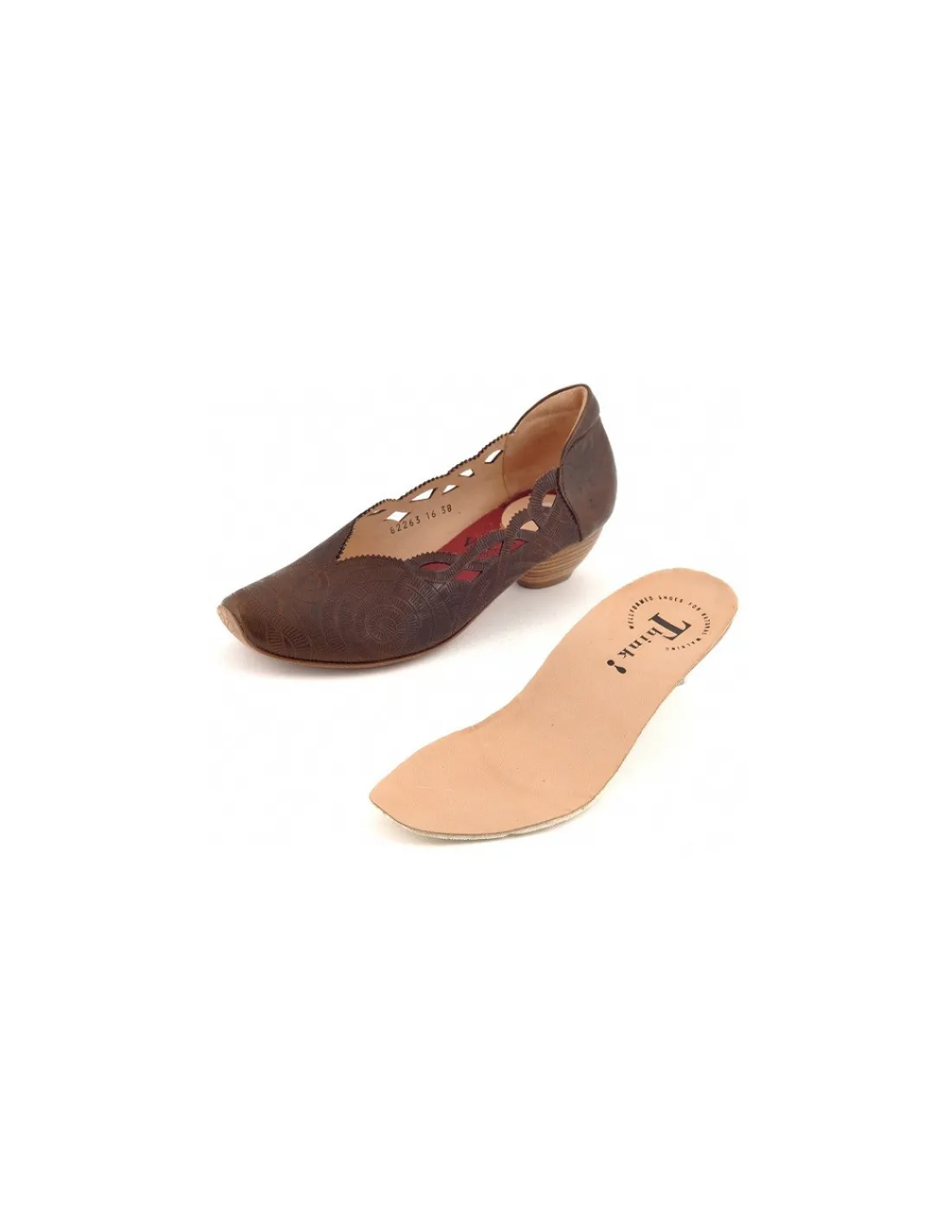 Damskie Think! czolenka z brazowych naturalnych skor z laserowym wzorem i azurem, profilowane wnetrze