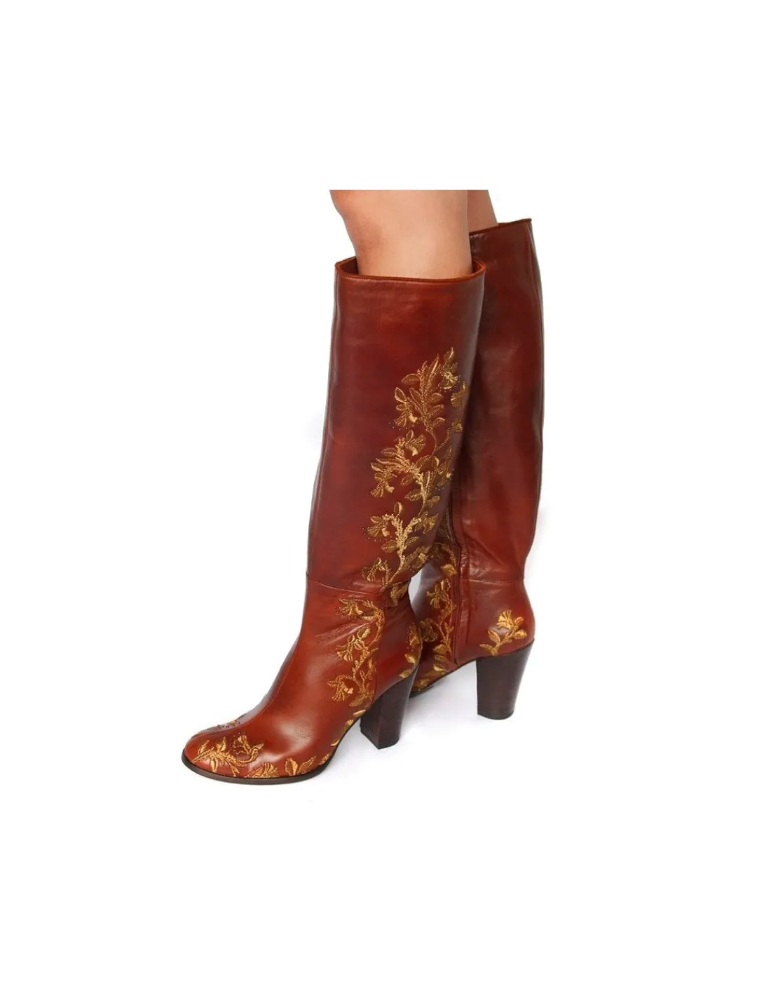 Damskie Uad Medani kozaki z brazowej naturalnej skory z haftem zlota metaliczna nicia, unikatowe limited edition