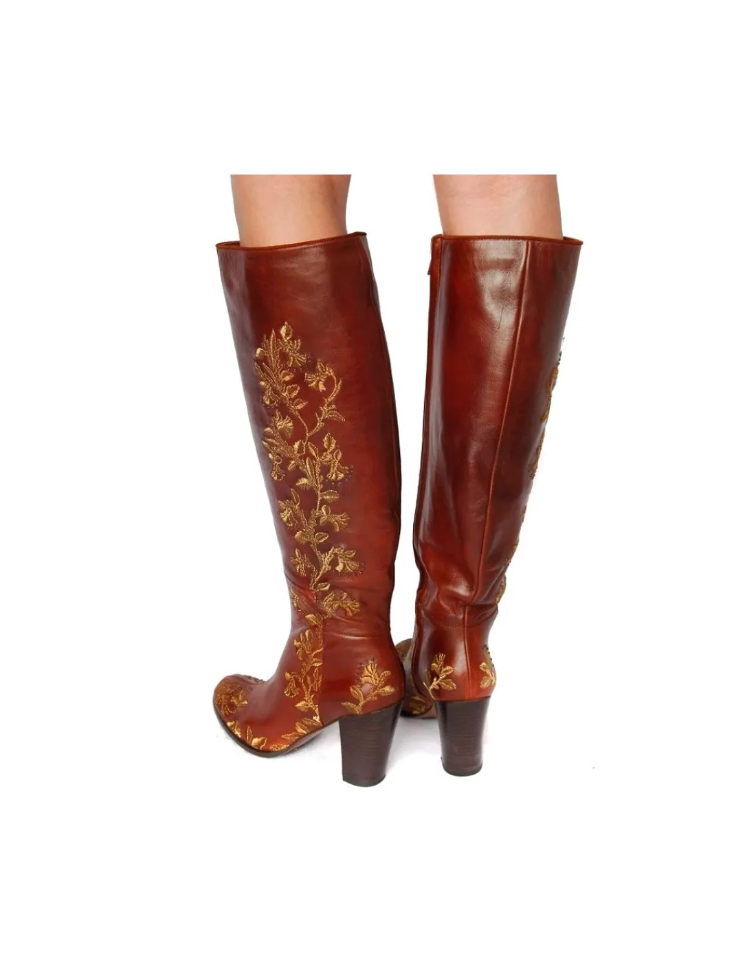 Damskie Uad Medani kozaki z brazowej naturalnej skory z haftem zlota metaliczna nicia, unikatowe limited edition