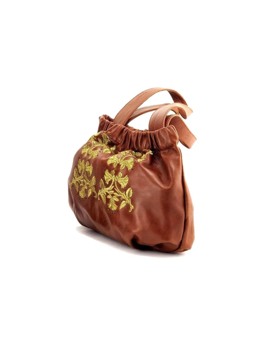 Uad Medani torebka skorzana w kolorze whisky z barokowym florystycznym haftem zlota nicia