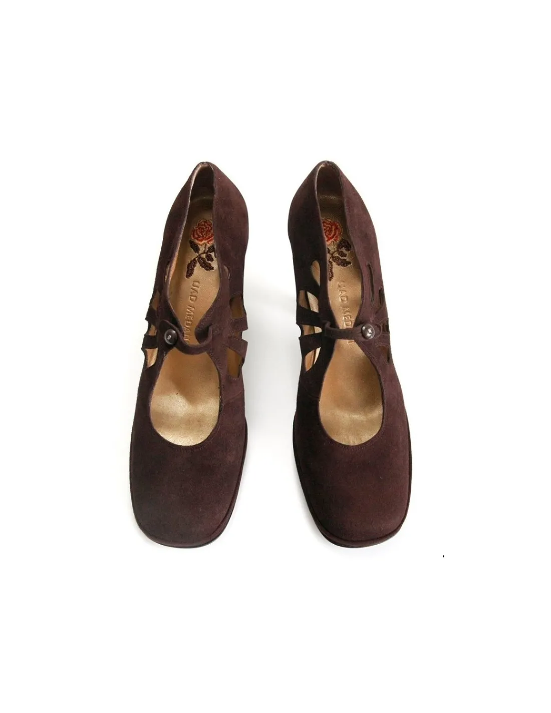 Damskie Uad Medani czolenka z brazowego zamszu i stylowym zapieciem na podbiciu, unikatowe