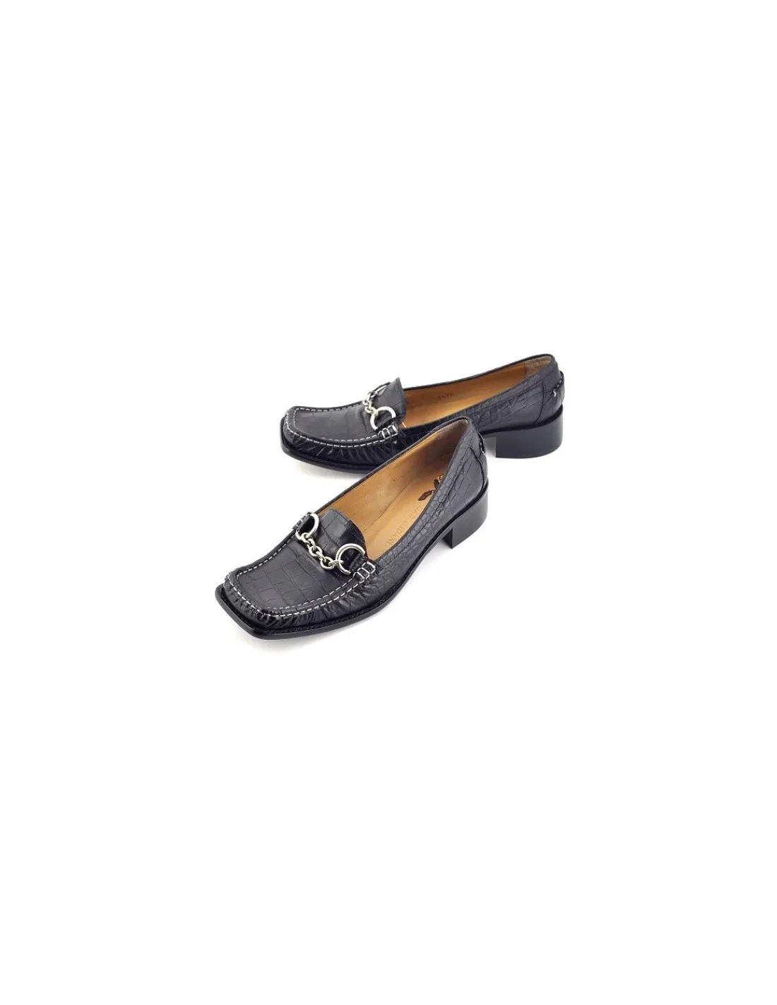 Damskie Uad Medani mokasyny z czarnej skory tloczonej na wzor croco i kwadratowe noski