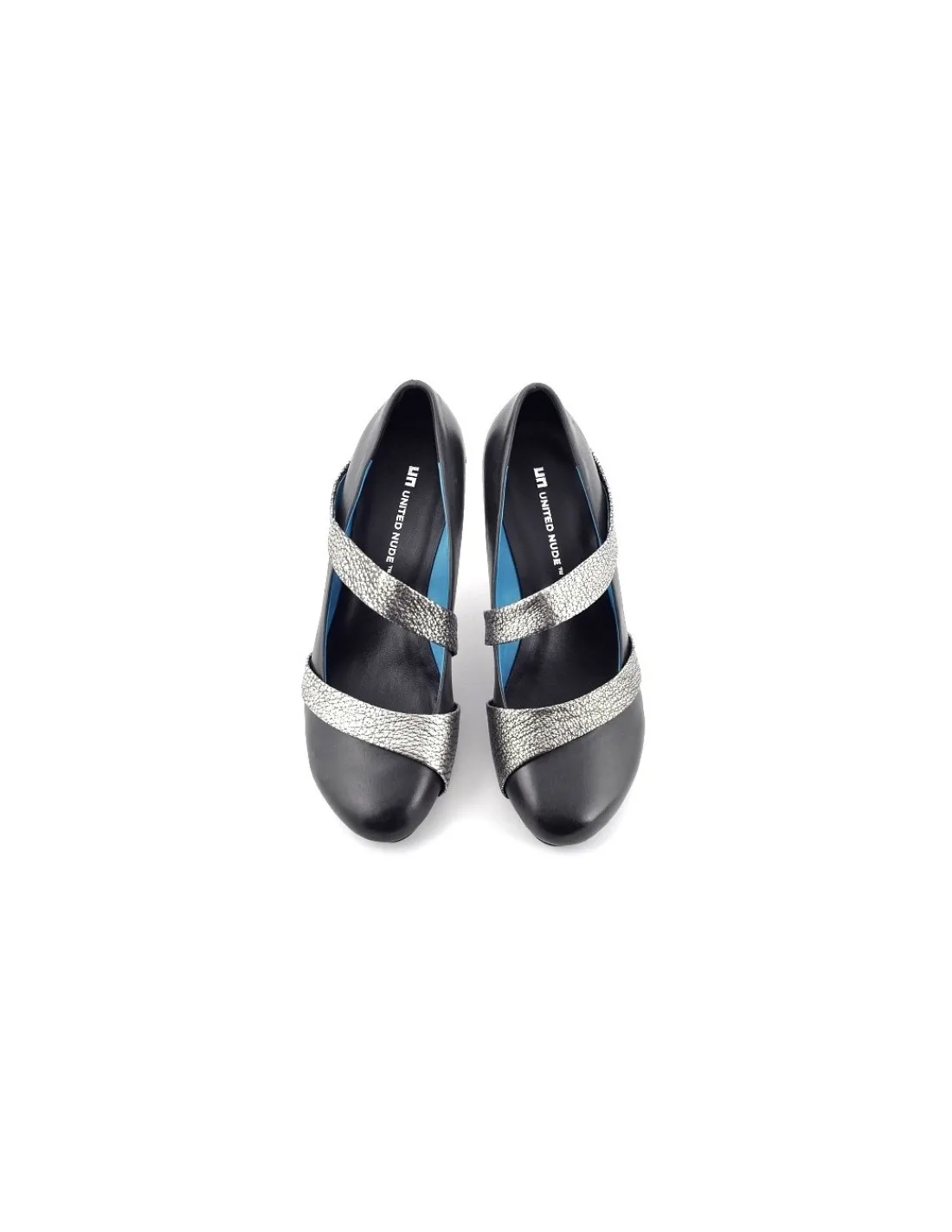 Damskie United Nude czolenka skorzane szare -grafitowe na stabilnych obcasach z elementami srebrnej metalicznej skory