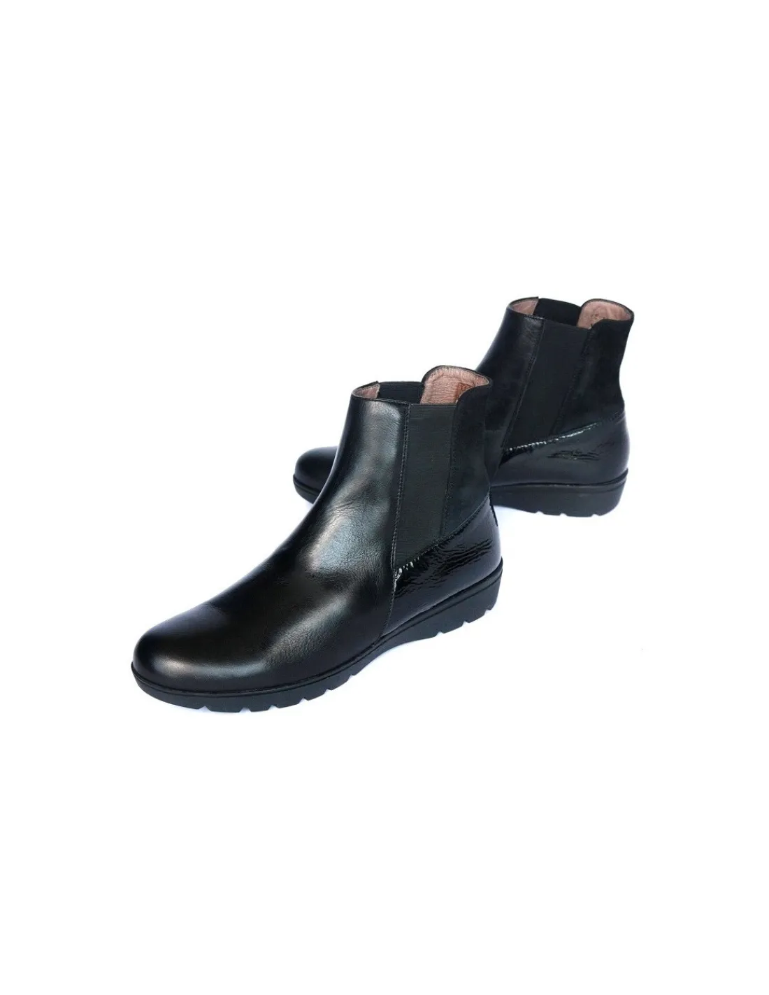 Damskie Wonders botki, sztyblety z czarnej naturalnej skory i skory lakierowanej osadzone na lekkiej niskiej platformie