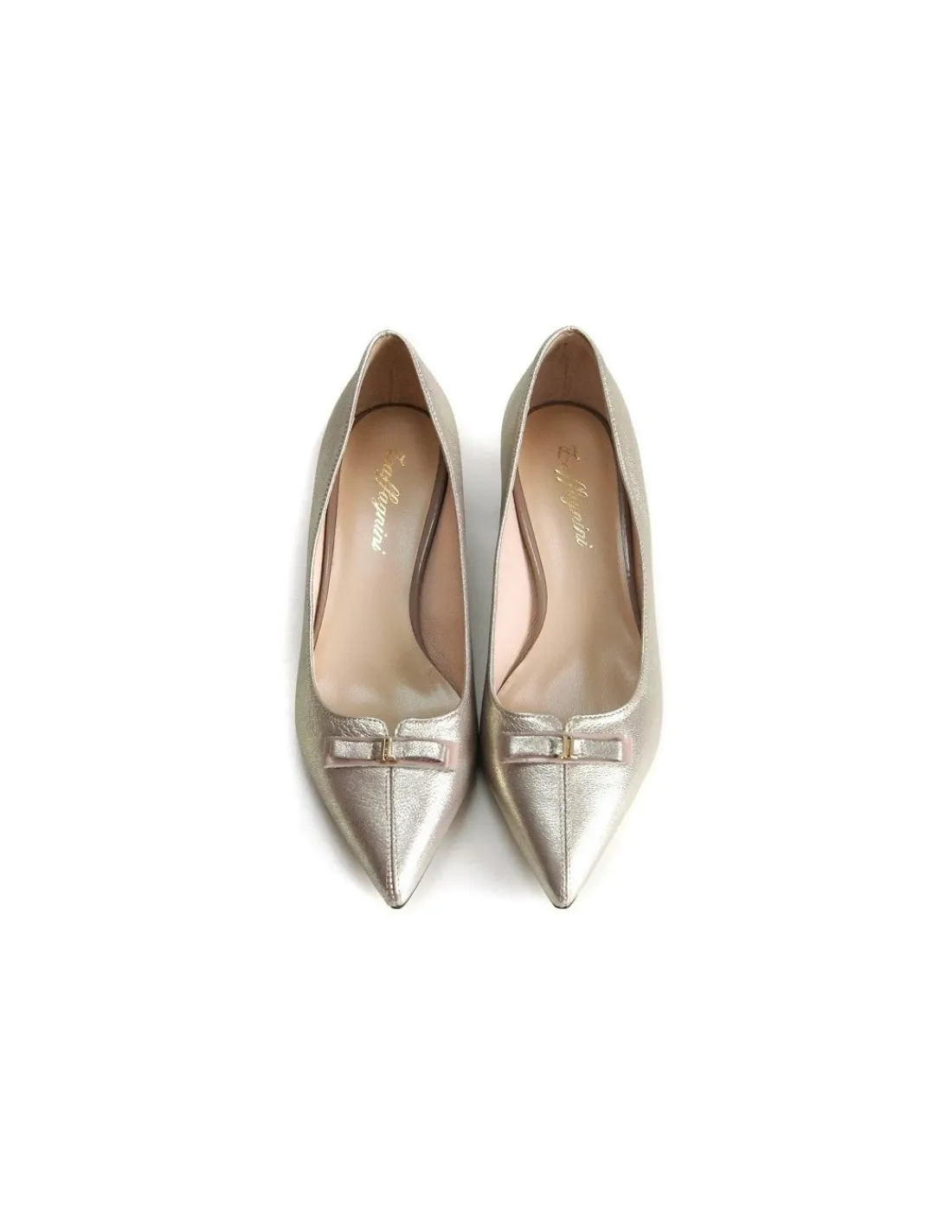 Damskie Zaffagnini czolenka pielgrzymie skorzane bezowo-zloto-platynowe i malutka kokardka